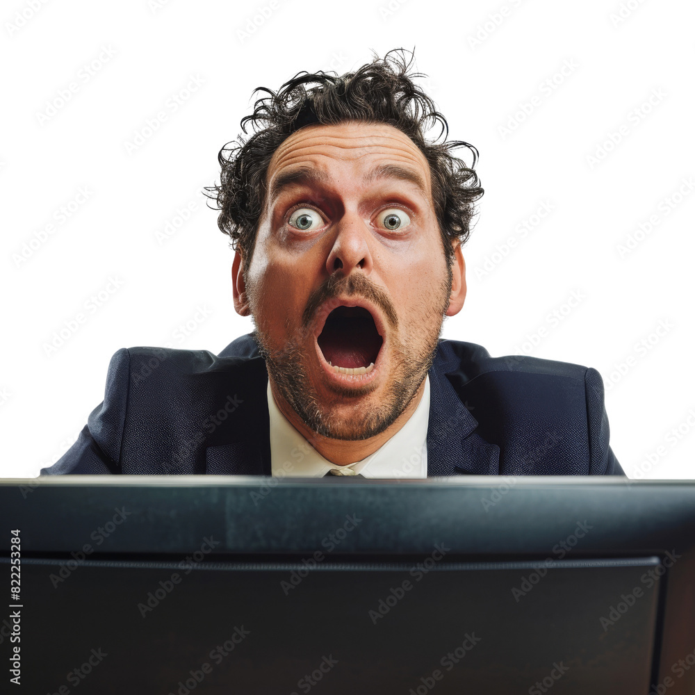 Poster a man in a suit is staring at a computer screen with an open mouth , isolated on transparent backgro
