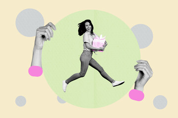 Creative 3d photo artwork graphics collage painting of excited lady jumping rising present box isolated drawing background