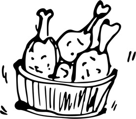 Chicken Fast Food Doodle Line Art Illustration. Hand Drawn pencil Vector Clip Art. For Banner, Logo, restaurant menu, food packaging etc.