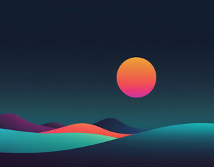 abstract colorful landscape digital art with hills and a colorful moon
