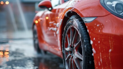 A modern car covered with foam stands at a car wash