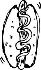 Hotdog Fast Food Doodle Line Art Illustration. Hand Drawn pencil Vector Clip Art. For Banner, Logo, restaurant menu, food packaging etc.