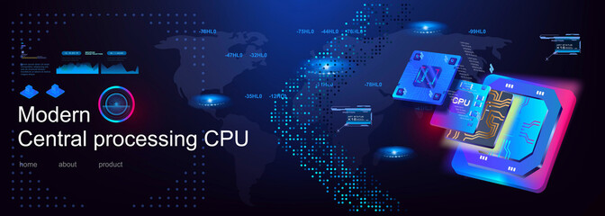 Powerful next generation computer processor. Development electronic digital devices. Advanced computer technology. Modern CPU. Electronic systems and computer innovative technologies