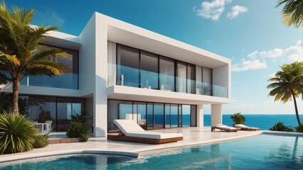 Fototapeta premium Luxury white beach house with sea view swimming pool and terrace in modern design