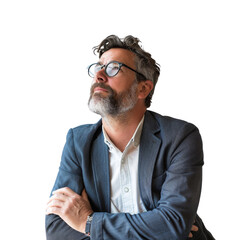 A man in a suit and glasses is looking up at the camera , isolated on transparent background