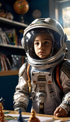Child Astronaut In Spacesuit Inside School Science Classroom Hopeful Aspiring Future Career Job Occupation Concept