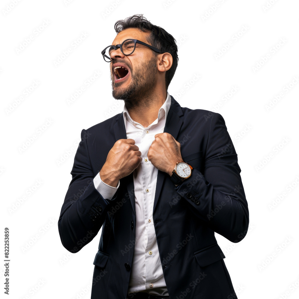 Canvas Prints A man in a suit and glasses is smiling and raising his arms in the air , isolated on transparent background