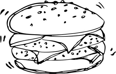 Cheese Burger Fast Food Doodle Line Art Illustration. Hand Drawn pencil Vector Clip Art. For Banner, Logo, restaurant menu, food packaging etc.