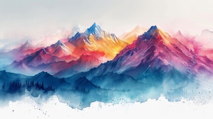 The watercolor painting shows the vibrant colors of a mountain landscape with a bright, shining sun.