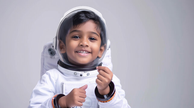 A cute happy smiling young Indian boy dresses like a astronaut on a plain white background with copy space for text.