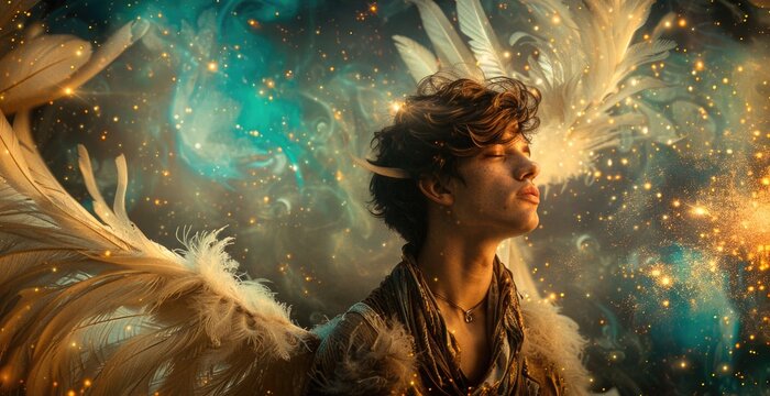 Ethereal portrait of a young man with flowing long hair and clothes decorated with feathers, young shaman portrait