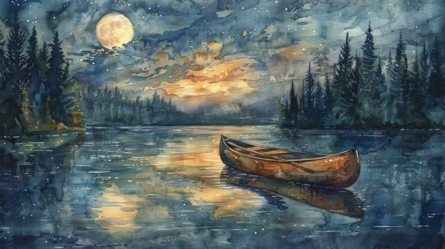 The full moon rises over a calm lake, casting a shimmering path of light across the water. A lone canoe sits on the shore, waiting for its owner to return.
