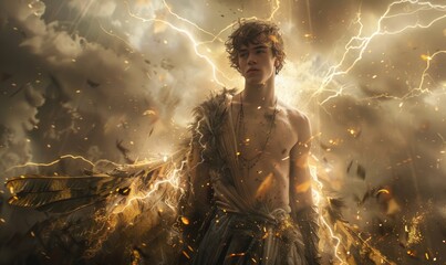 Naklejka premium Portrait of a young man adorned in majestic elven garb, his form wreathed in arcs of lightning and the resounding boom of thunder
