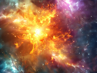 Fototapeta premium Vibrant Cosmic Explosion: Fiery Golden and Orange Burst with Swirling Purple, Blue, and Pink Gas and Dust in Deep Space, Stars and Galaxies in Background - Stellar Event
