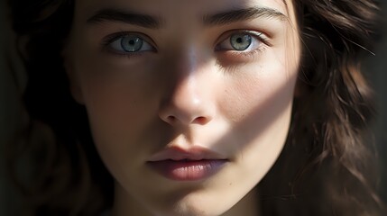 Closeup portrait of a beautiful young woman with blue eyes and b