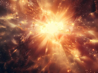 Vibrant Cosmic Explosion Radiant Supernova Burst with Fiery Golden and Orange Hues, Swirling Clouds of Illuminated Gas and Dust in Vast Dark Space Backdrop with Countless Stars - Awe-Inspiring