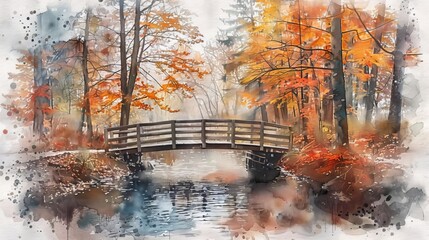 The image is a watercolor painting of a bridge over a river in the fall