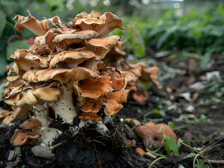 Fototapeta premium Close-up of Vibrant Orange Wild Mushrooms with Overlapping Wavy Caps Growing in Soil Among Green Vegetation in Natural Forest Setting Detailed Focus on Gills, Textures, and Earthy Layers