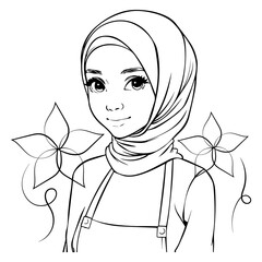 cute chef hijab women outline illustration vector