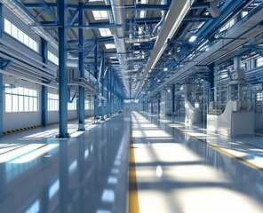 Obraz premium Industrial zone Interior of factory building Steel pipelines and cables in blue tones