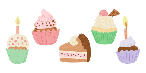 Birthday cake and cupcake set in flat style with dotted texture and in candy pastel colors. Vector holiday illustration. Flat drawings isolated on white background