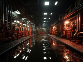Fototapeta premium Industrial zone Interior of factory building Steel pipelines and cables in blue tones