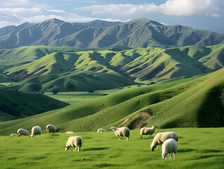 Fototapeta premium Picturesque Pastoral Scene with Grazing Sheep on Lush Green Hillside, Rolling Verdant Landscapes, Majestic Distant Mountains Under Partly Cloudy Sky, Peaceful Ambiance Highlighting Natural Harmony
