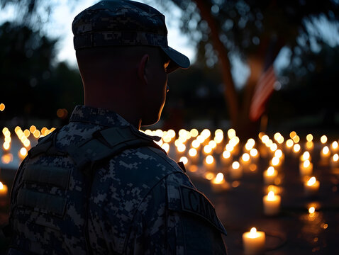 Solemn Military Tribute: Soldier in Camouflage Gear Amidst Lit Candles at Dusk with American Flag, Reflecting on Honor and Remembrance