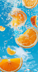 Citrus Splash, Slices of oranges and lemons submerged in sparkling water with bubbles.