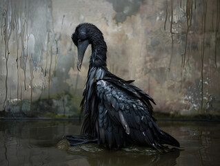 Melancholic Wet Bird with Matted Feathers on Rocky Outcrop in Shallow Water against Textured Moist...