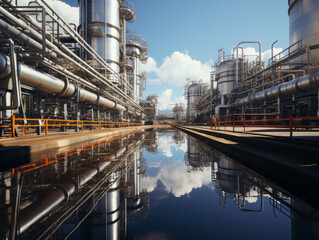 Fototapeta premium Industrial zone Interior of factory building Steel pipelines and cables in blue tones