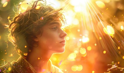 Fototapeta premium Portrayal of a young man with long hair with warm enchanting light around him