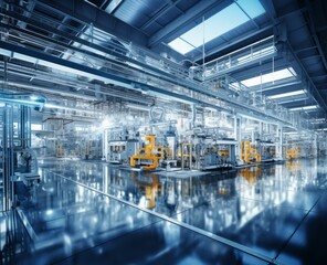 Fototapeta premium Industrial zone Interior of factory building Steel pipelines and cables in blue tones