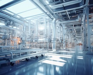 Fototapeta premium Industrial zone Interior of factory building Steel pipelines and cables in blue tones