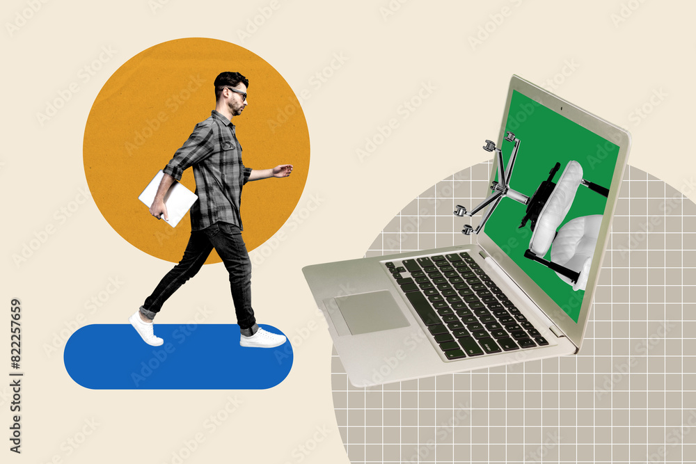 Aufkleber collage 3d image of pinup pop retro sketch of man walk netbook screen armchair office unusual fantas