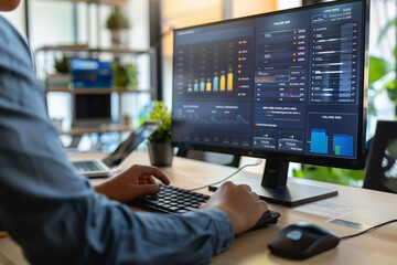 Naklejka premium A virtual screen. Business strategy, data analysis technology, and financial growth idea.