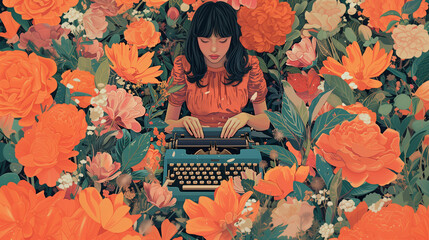 Art of a girl typing on a typewriter surrounded by flowers. Digital illustration: writer, secretary, copywriter, marketer.