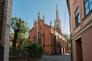 View of old ancient St Saviours anglican church in Riga, Latvia.