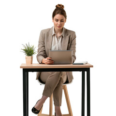 A woman is sitting at a desk with a laptop and a potted plant, isolated on transparent background