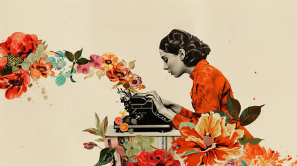 Art of a girl typing on a typewriter surrounded by flowers. Digital illustration: writer, secretary, copywriter, marketer.