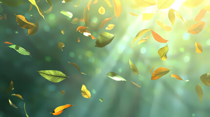 Flying leaves effect with mild sunbeam in 3d illustration vector