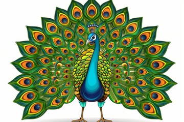 A stunning illustration of a peacock flaunting its colorful, vibrant feathers against a clean white background.