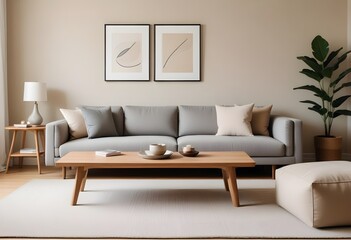 modern living room with sofa and image frame, Morning-Lit Minimalist Living Room with Neutral-Toned Sofa