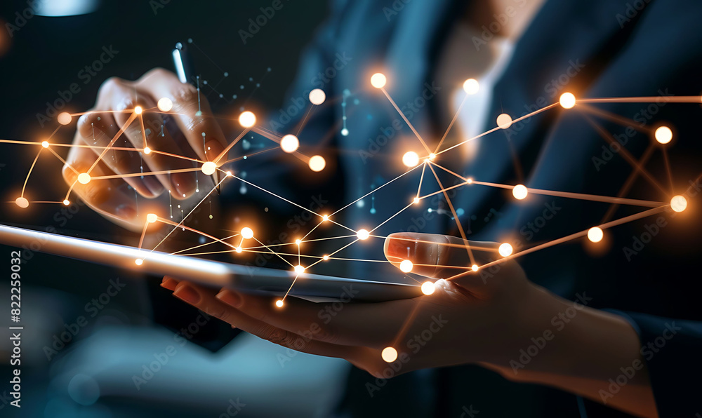 Fototapete A business professional using a digital tablet with a virtual overlay of interconnected nodes, representing CRM technology and global networks