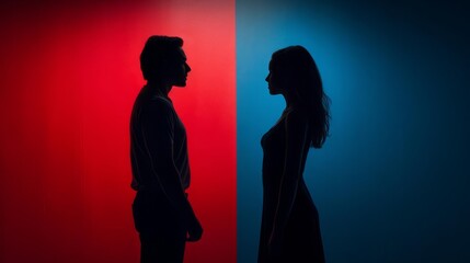 A powerful image of a man and woman in silhouette, standing apart with a contrasting blue and red backdrop, symbolizing relationship struggles and emotional turmoil