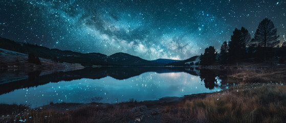 A beautiful night sky with a lake in the foreground