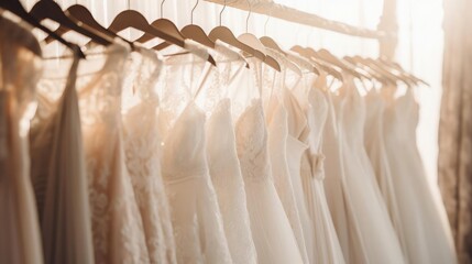 A row of elegant wedding dresses hanging on wooden hangers, showcasing intricate lace details and various styles The soft lighting and delicate fabrics highlight the beauty and variety of bridal fashi