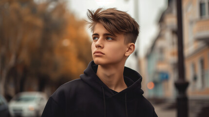 Fototapeta premium A teenage in black hoodie looking to camera in urban enviroment