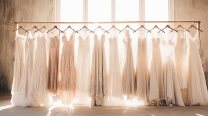 A row of elegant wedding dresses hanging on wooden hangers, showcasing intricate lace details and various styles The soft lighting and delicate fabrics highlight the beauty and variety of bridal fashi