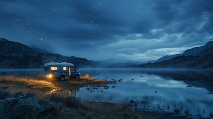A blue camper van is parked by a lake at night